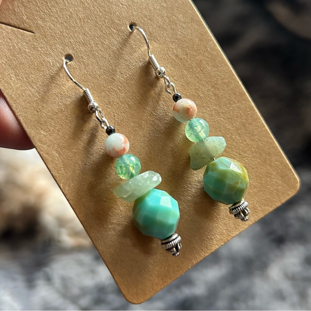 Handcrafted elegant genuine stone opalite faceted hematite earrings